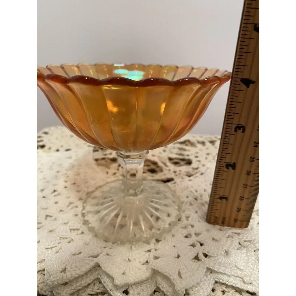 Vintage Iridescent‎ Marigold Glass Compote Footed RIBBED Scallop Edge Pattern 4